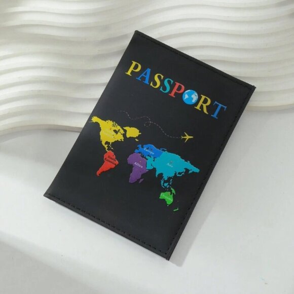 Passport Folder Holder Black with World Map NWT - Picture 1 of 3